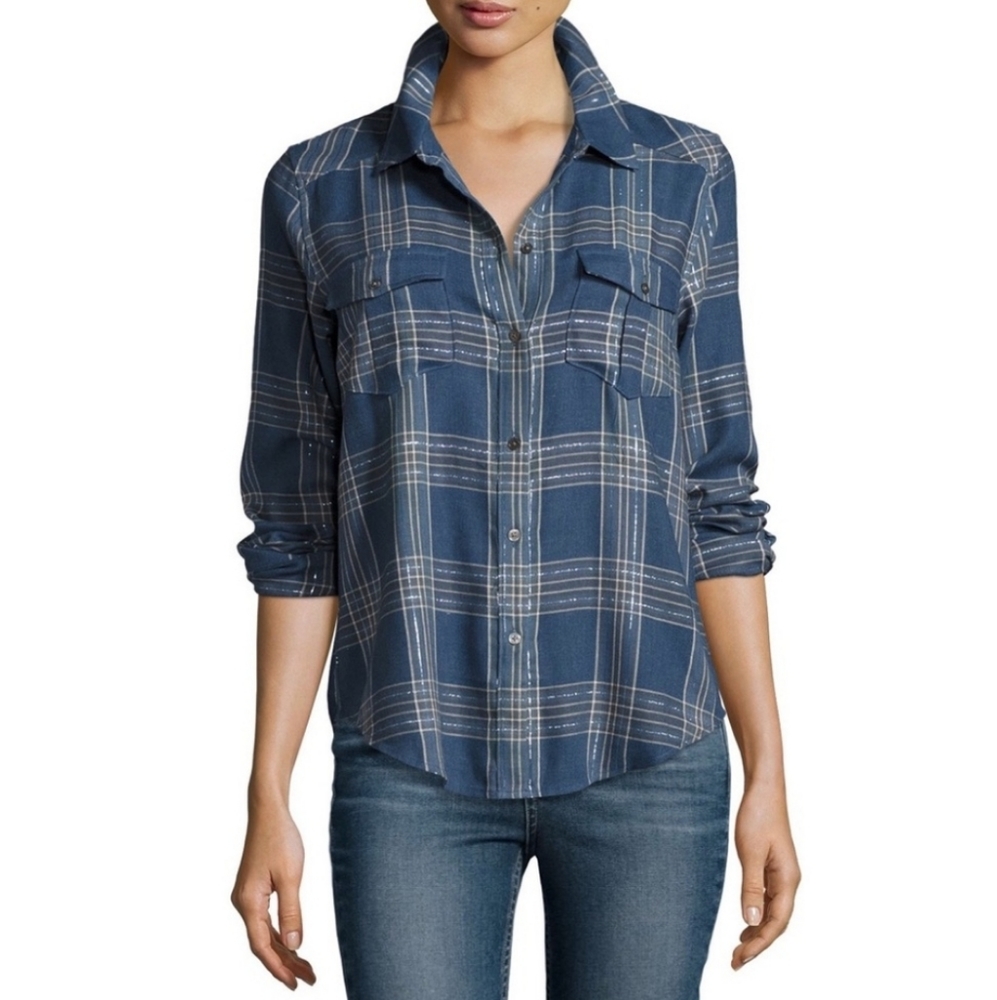 PAIGE blue & silver plaid button down
